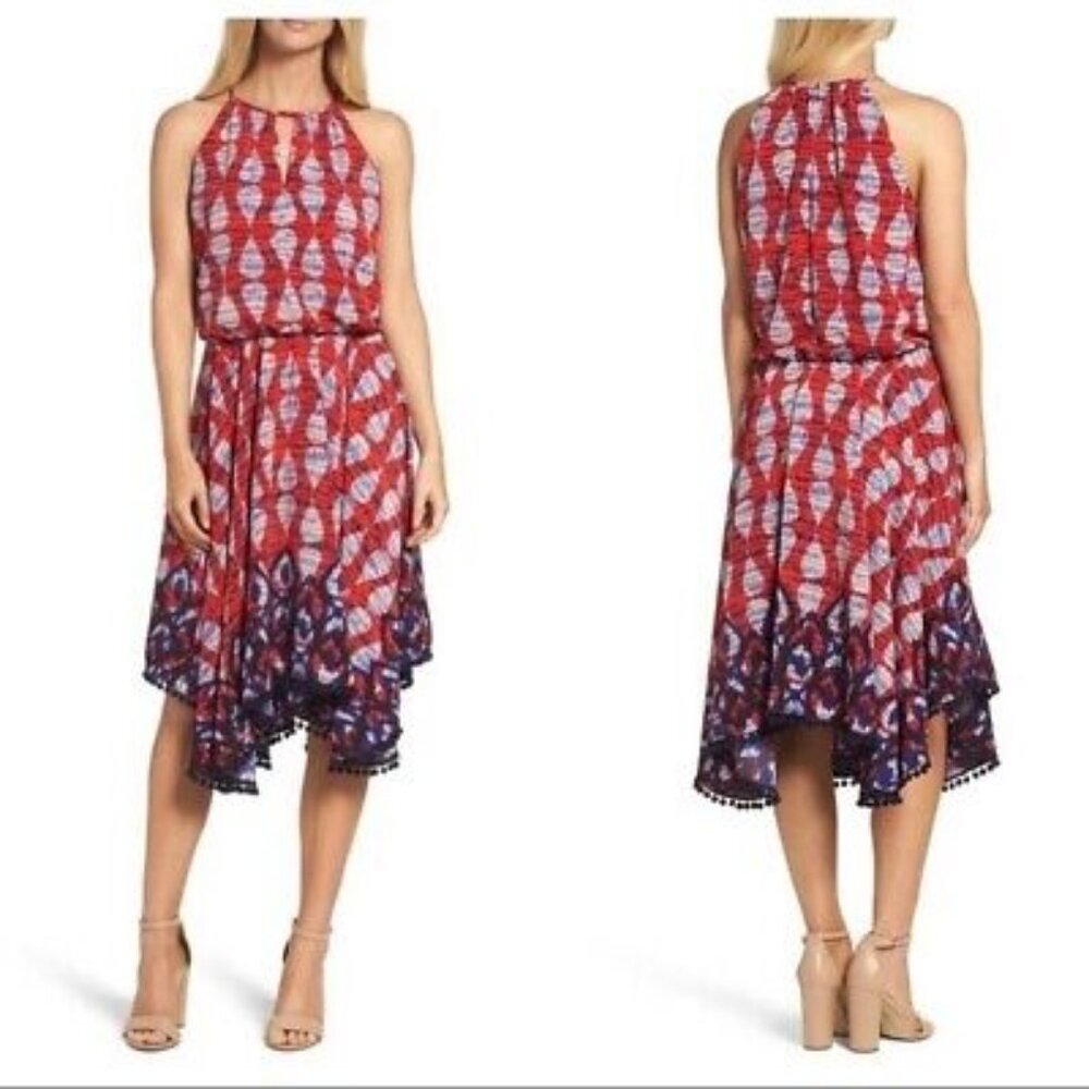 Maggy London * Size M * Red and blue dress with pompoms